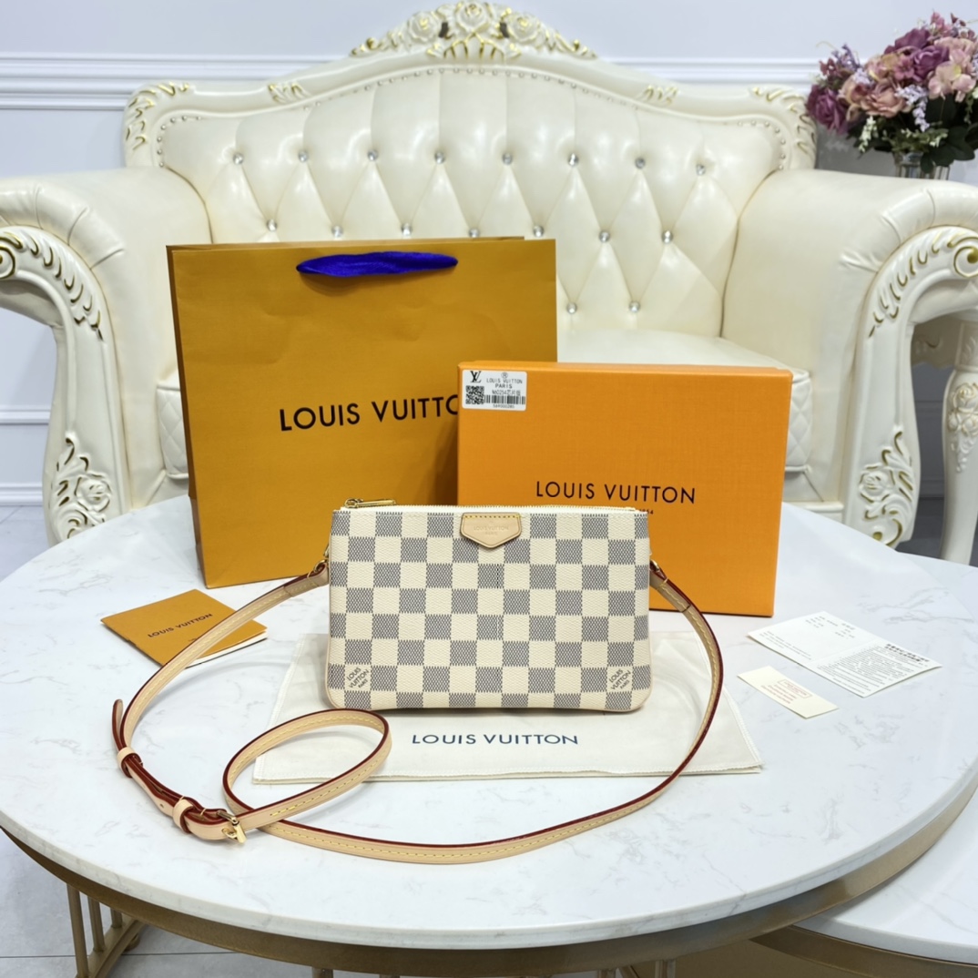 Louis Vuitton DOUBLE ZIP POCHETTE Handbag Damier Azur N60460